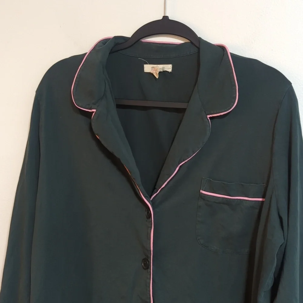 Madewell‎ Dark Green Pink Contrast Button Front Collar Long Sleeve Pajama Top XL
